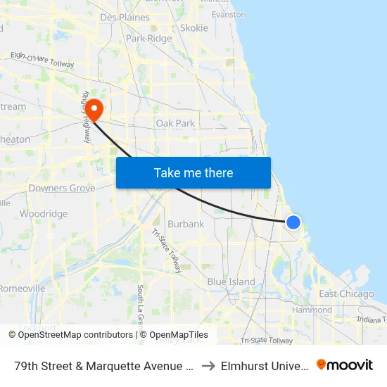 79th Street & Marquette Avenue (West) to Elmhurst University map