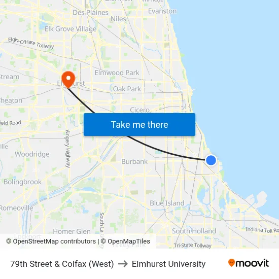 79th Street & Colfax (West) to Elmhurst University map