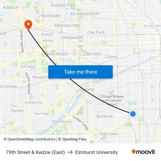 79th Street & Kedzie (East) to Elmhurst University map