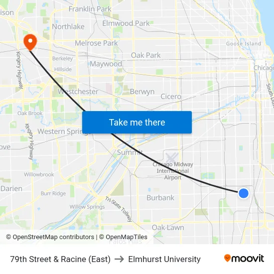 79th Street & Racine (East) to Elmhurst University map