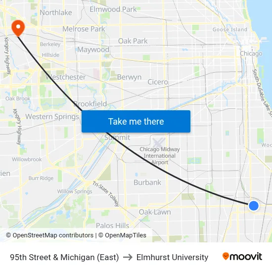 95th Street & Michigan (East) to Elmhurst University map