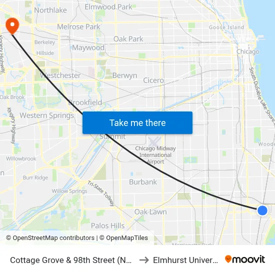 Cottage Grove & 98th Street (North) to Elmhurst University map