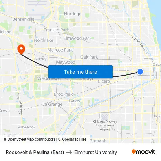 Roosevelt & Paulina (East) to Elmhurst University map