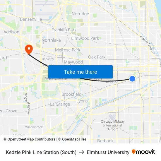Kedzie Pink Line Station (South) to Elmhurst University map