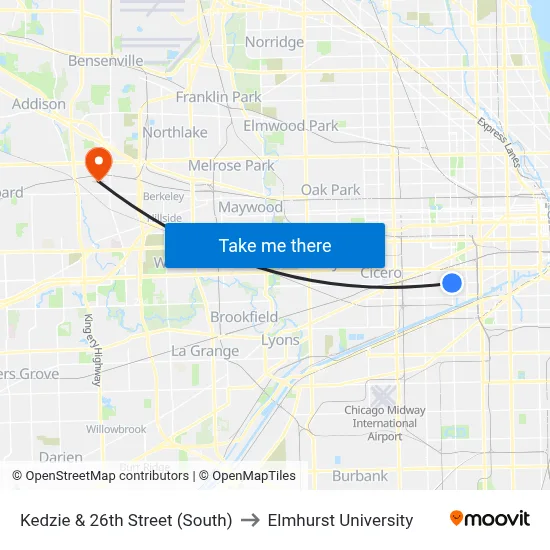 Kedzie & 26th Street (South) to Elmhurst University map