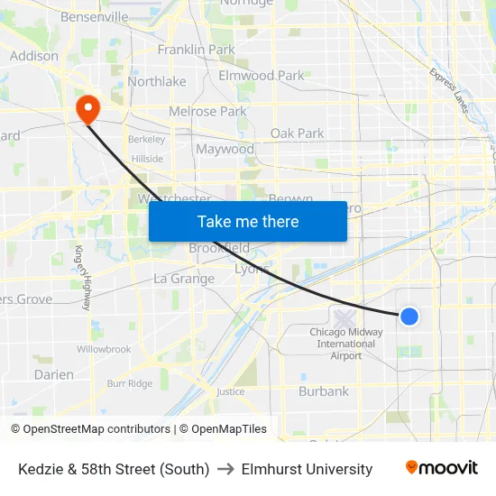 Kedzie & 58th Street (South) to Elmhurst University map