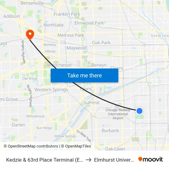 Kedzie & 63rd Place Terminal (East) to Elmhurst University map