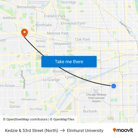 Kedzie & 53rd Street (North) to Elmhurst University map