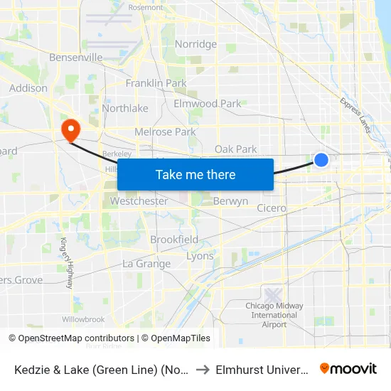 Kedzie & Lake (Green Line) (North) to Elmhurst University map