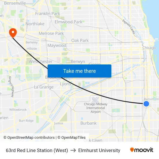 63rd Red Line Station (West) to Elmhurst University map