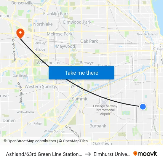 Ashland/63rd Green Line Station (West) to Elmhurst University map