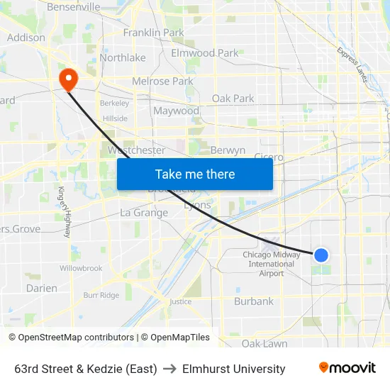 63rd Street & Kedzie (East) to Elmhurst University map