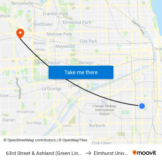 63rd Street & Ashland (Green Line) (East) to Elmhurst University map