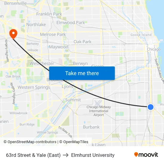 63rd Street & Yale (East) to Elmhurst University map
