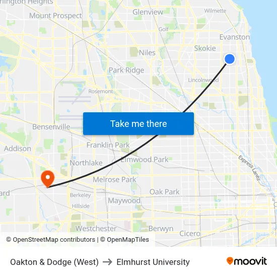 Oakton & Dodge (West) to Elmhurst University map