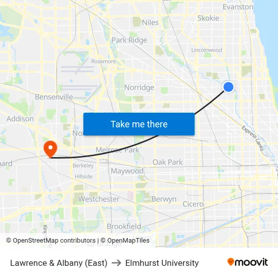 Lawrence & Albany (East) to Elmhurst University map