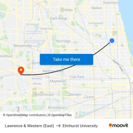 Lawrence & Western (East) to Elmhurst University map