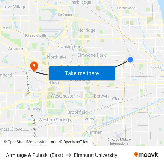 Armitage & Pulaski (East) to Elmhurst University map