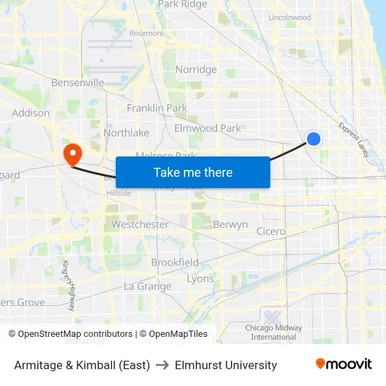 Armitage & Kimball (East) to Elmhurst University map