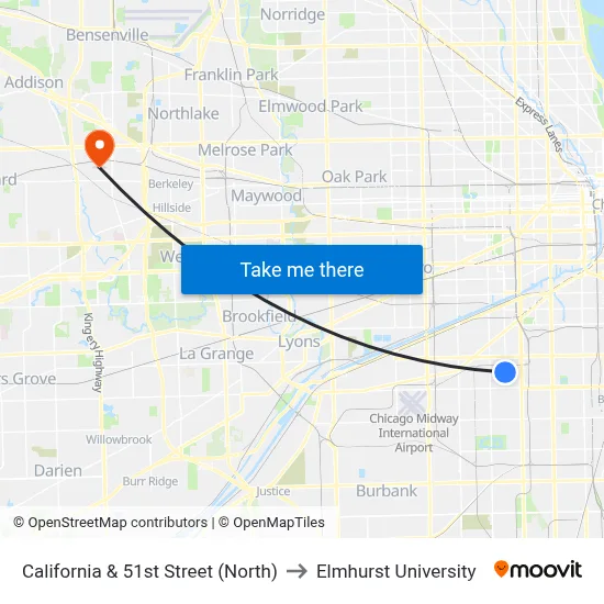 California & 51st Street (North) to Elmhurst University map