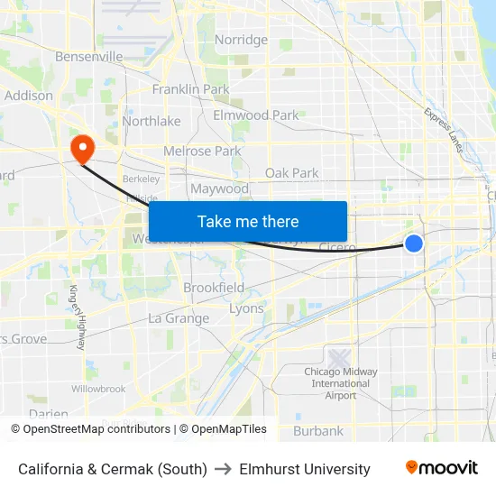 California & Cermak (South) to Elmhurst University map