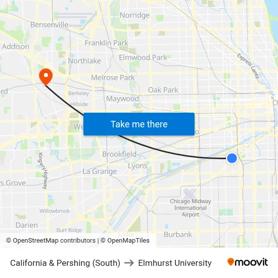 California & Pershing (South) to Elmhurst University map