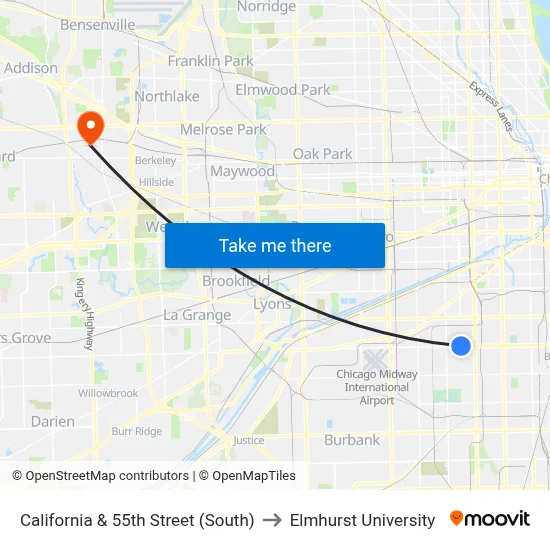 California & 55th Street (South) to Elmhurst University map