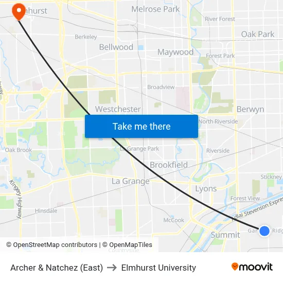 Archer & Natchez (East) to Elmhurst University map
