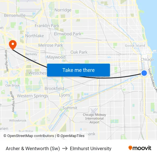 Archer & Wentworth (Sw) to Elmhurst University map
