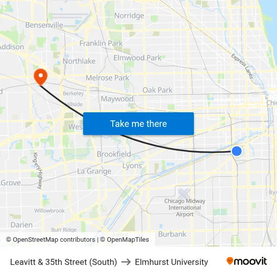 Leavitt & 35th Street (South) to Elmhurst University map