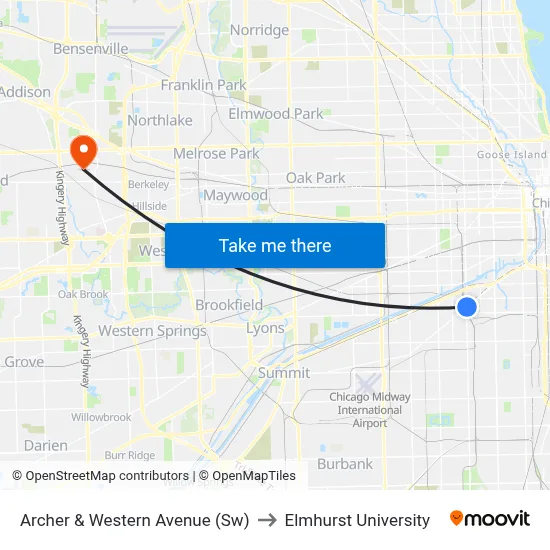 Archer & Western Avenue (Sw) to Elmhurst University map