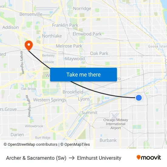 Archer & Sacramento (Sw) to Elmhurst University map