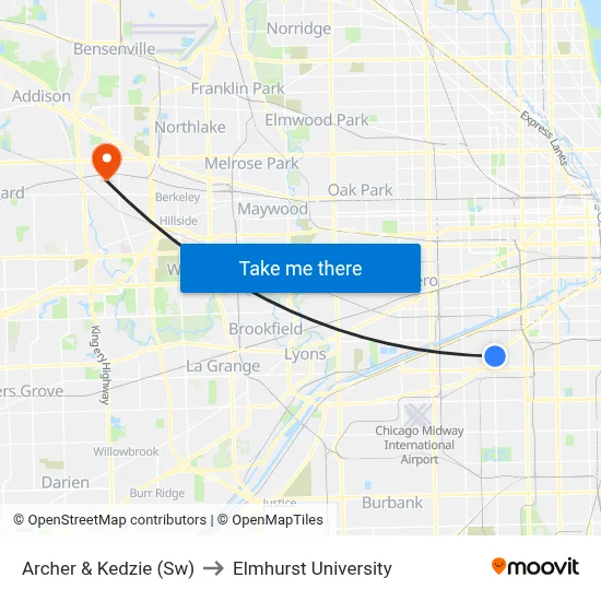 Archer & Kedzie (Sw) to Elmhurst University map