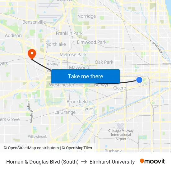 Homan & Douglas Blvd (South) to Elmhurst University map