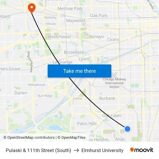 Pulaski & 111th Street (South) to Elmhurst University map