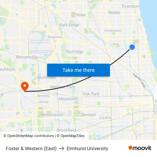 Foster & Western (East) to Elmhurst University map