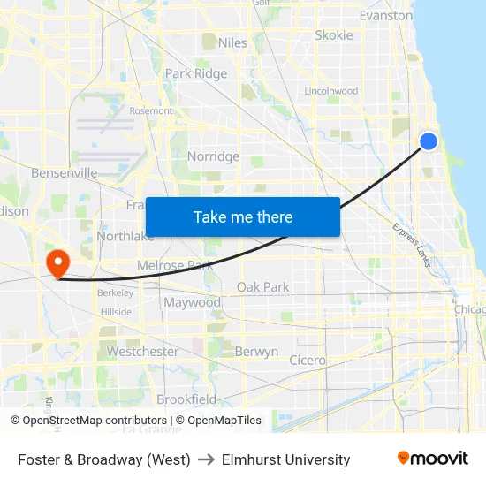 Foster & Broadway (West) to Elmhurst University map