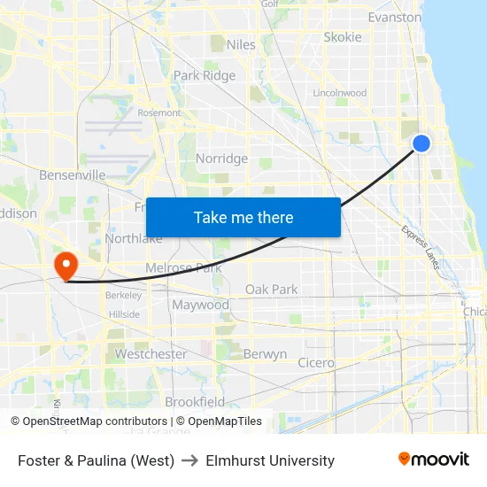 Foster & Paulina (West) to Elmhurst University map