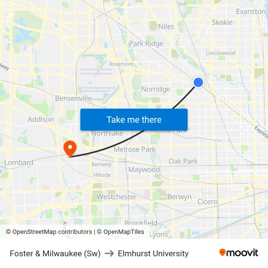 Foster & Milwaukee (Sw) to Elmhurst University map