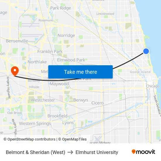 Belmont & Sheridan (West) to Elmhurst University map