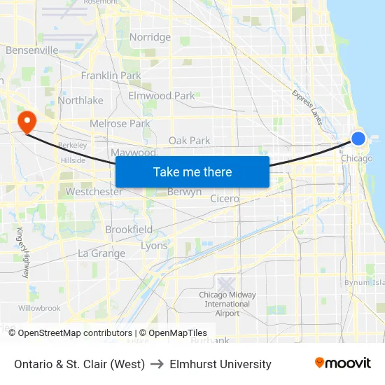 Ontario & St. Clair (West) to Elmhurst University map