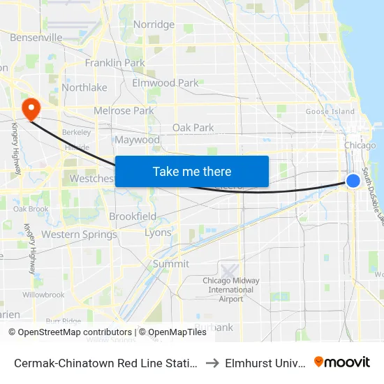 Cermak-Chinatown Red Line Station (West) to Elmhurst University map
