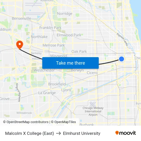 Malcolm X College (East) to Elmhurst University map
