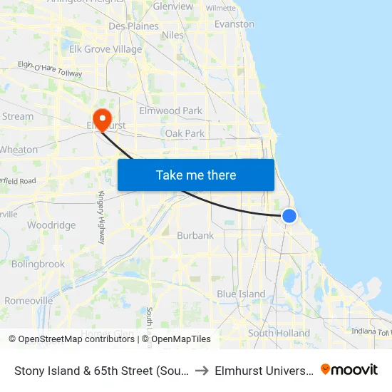 Stony Island & 65th Street (South) to Elmhurst University map
