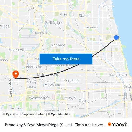 Broadway & Bryn Mawr/Ridge (South) to Elmhurst University map