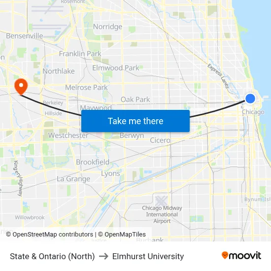 State & Ontario (North) to Elmhurst University map