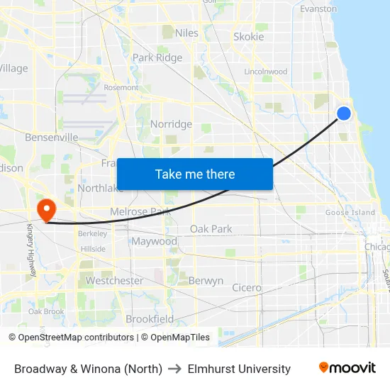 Broadway & Winona (North) to Elmhurst University map
