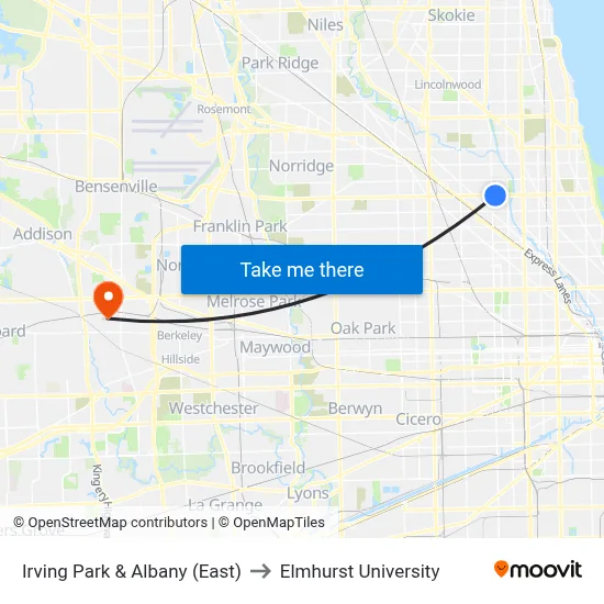 Irving Park & Albany (East) to Elmhurst University map