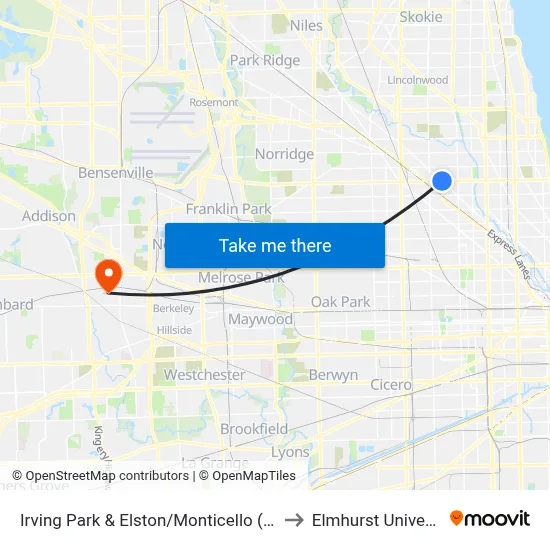 Irving Park & Elston/Monticello (West) to Elmhurst University map