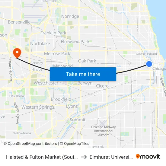 Halsted & Fulton Market (South) to Elmhurst University map